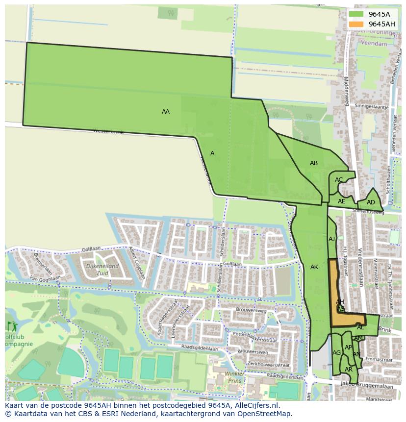 Afbeelding van het postcodegebied 9645 AH op de kaart.