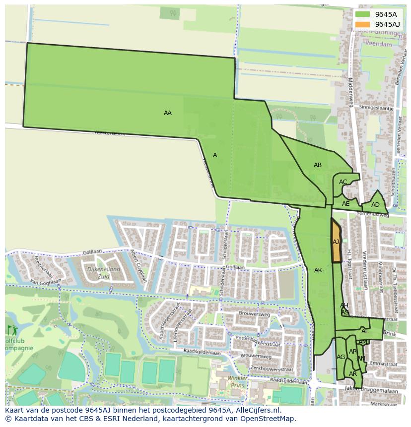 Afbeelding van het postcodegebied 9645 AJ op de kaart.