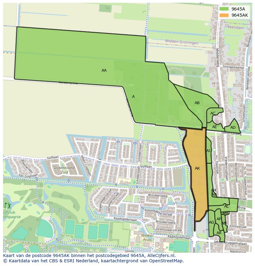 Afbeelding van het postcodegebied 9645 AK op de kaart.