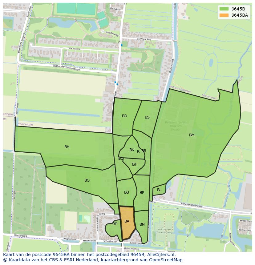 Afbeelding van het postcodegebied 9645 BA op de kaart.