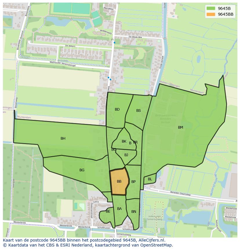 Afbeelding van het postcodegebied 9645 BB op de kaart.