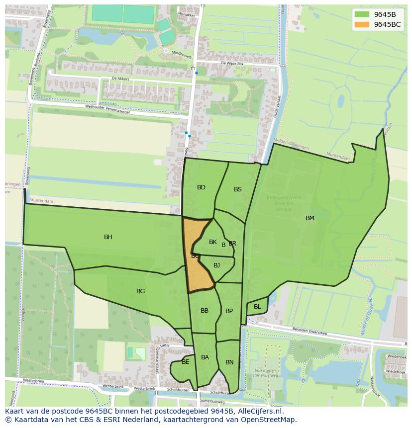 Afbeelding van het postcodegebied 9645 BC op de kaart.