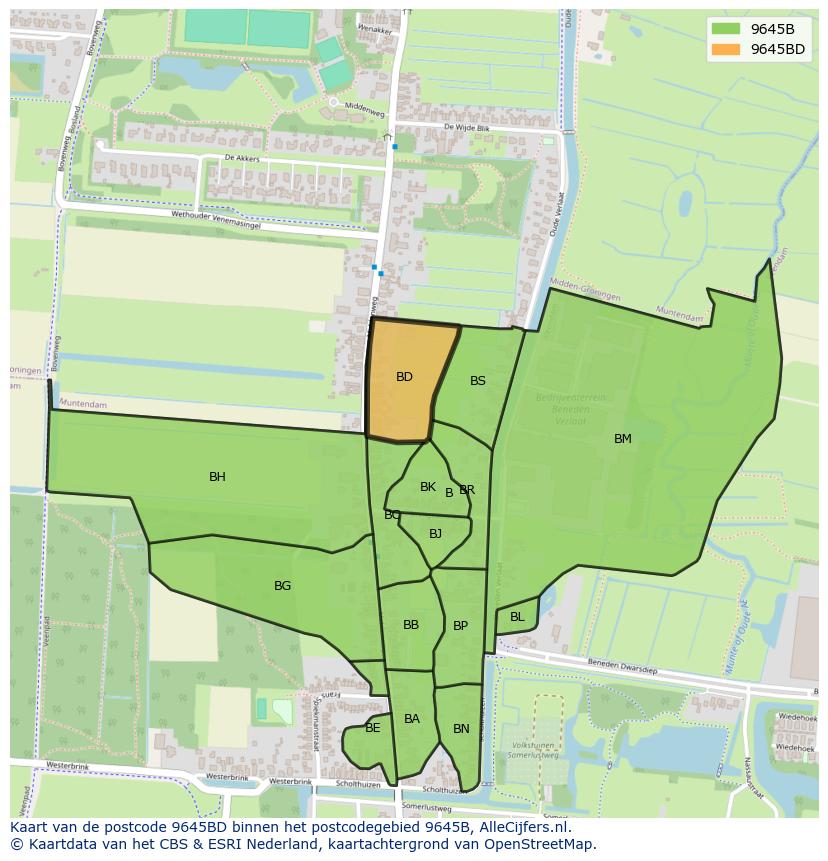 Afbeelding van het postcodegebied 9645 BD op de kaart.
