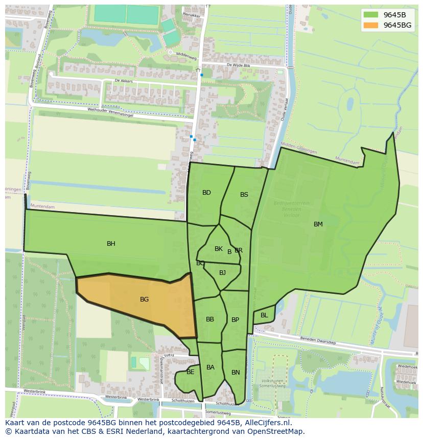 Afbeelding van het postcodegebied 9645 BG op de kaart.