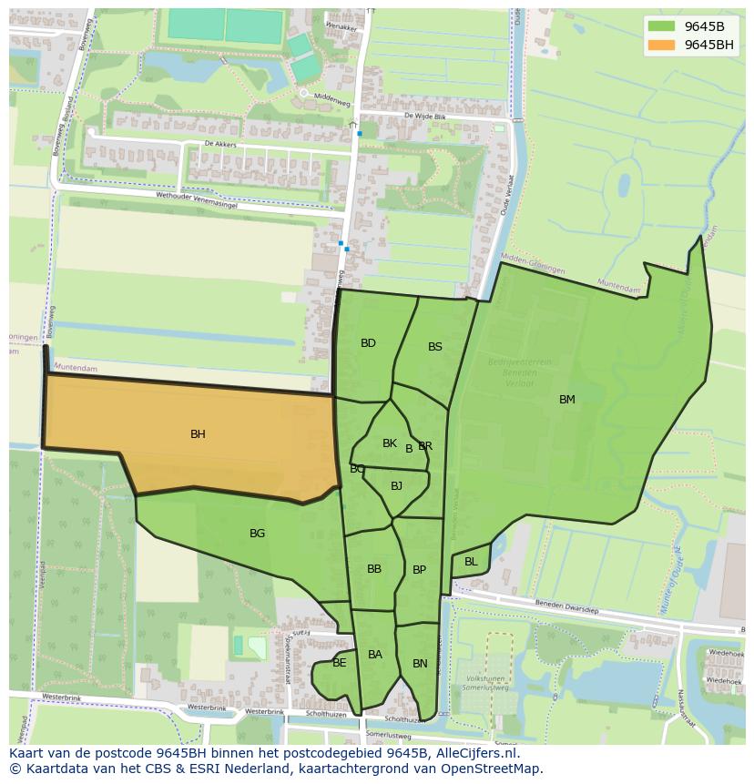 Afbeelding van het postcodegebied 9645 BH op de kaart.