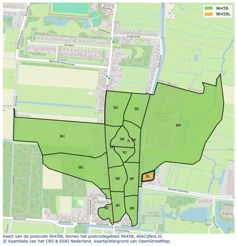 Afbeelding van het postcodegebied 9645 BL op de kaart.