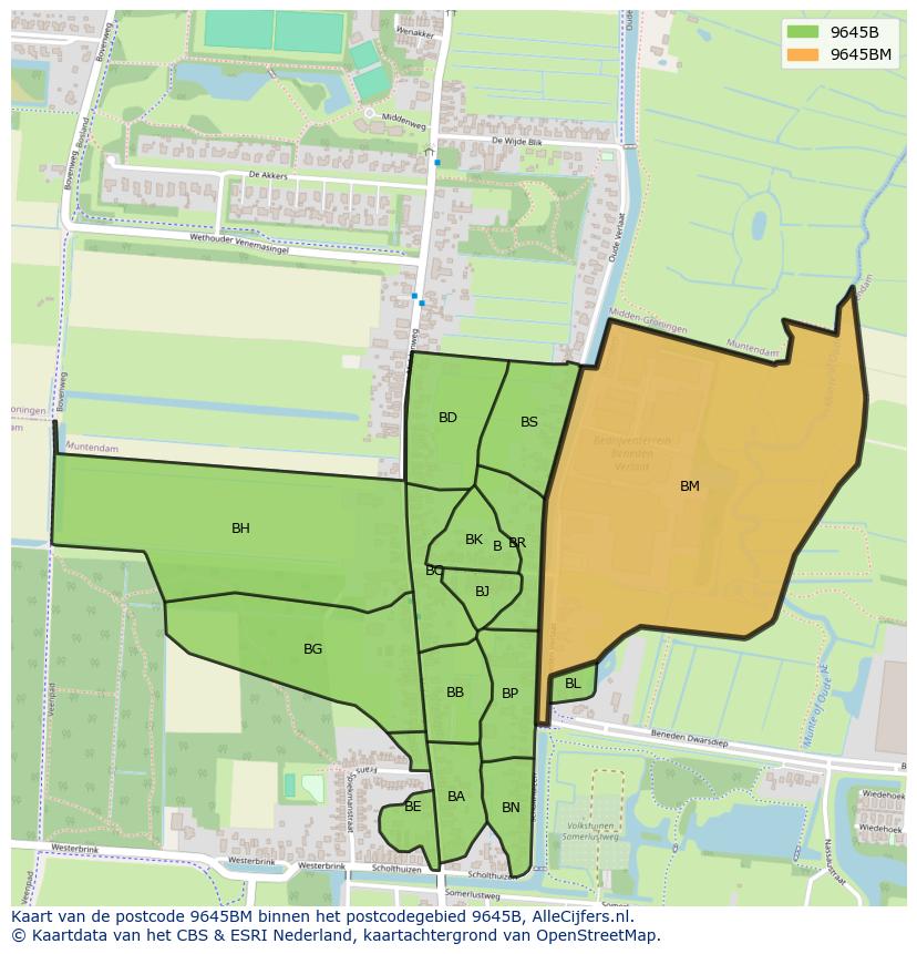Afbeelding van het postcodegebied 9645 BM op de kaart.