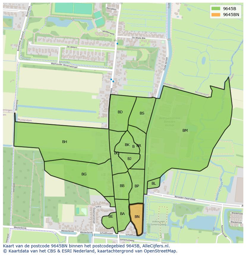 Afbeelding van het postcodegebied 9645 BN op de kaart.