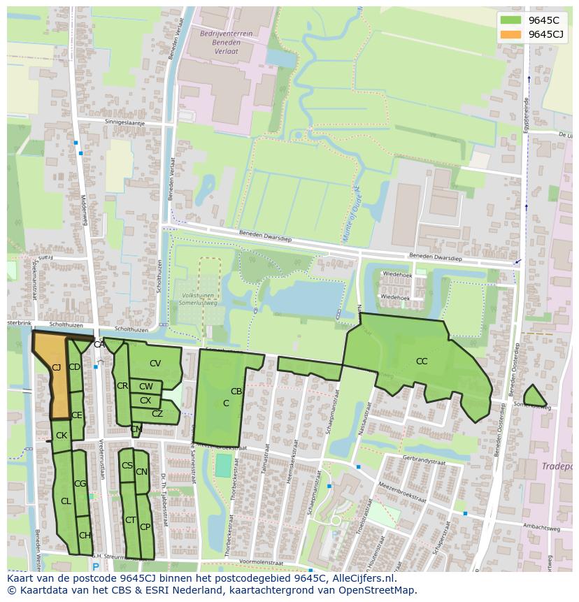 Afbeelding van het postcodegebied 9645 CJ op de kaart.