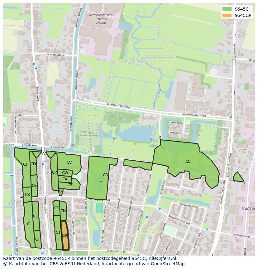Afbeelding van het postcodegebied 9645 CP op de kaart.