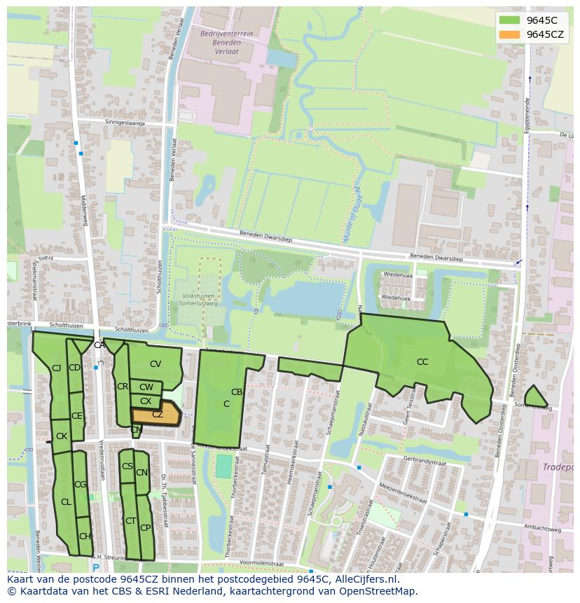 Afbeelding van het postcodegebied 9645 CZ op de kaart.