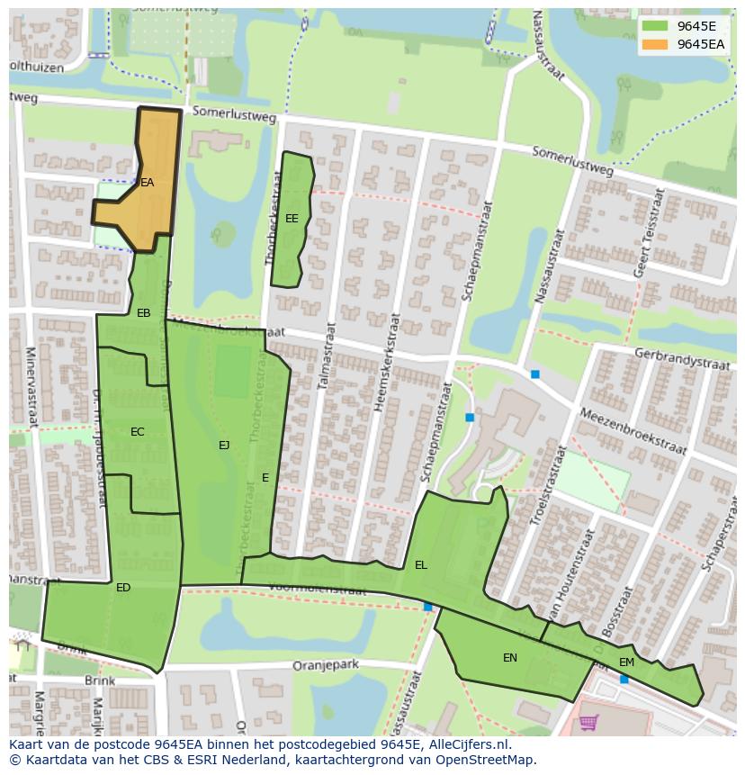 Afbeelding van het postcodegebied 9645 EA op de kaart.
