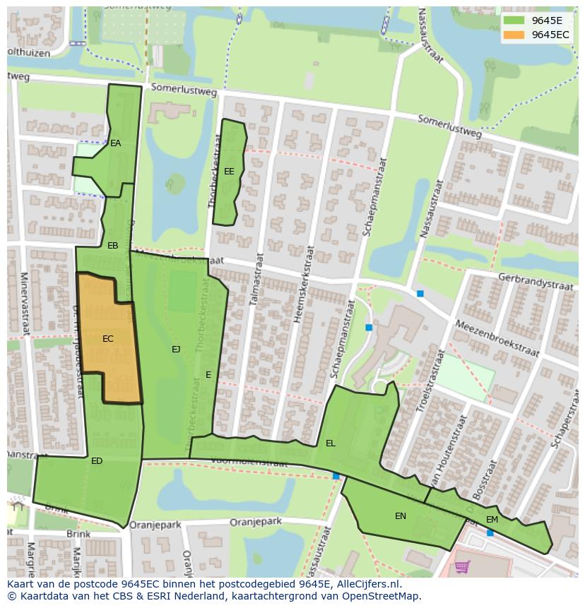 Afbeelding van het postcodegebied 9645 EC op de kaart.