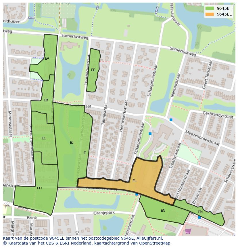 Afbeelding van het postcodegebied 9645 EL op de kaart.