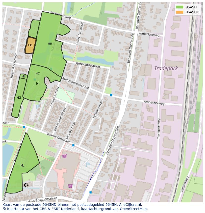 Afbeelding van het postcodegebied 9645 HD op de kaart.