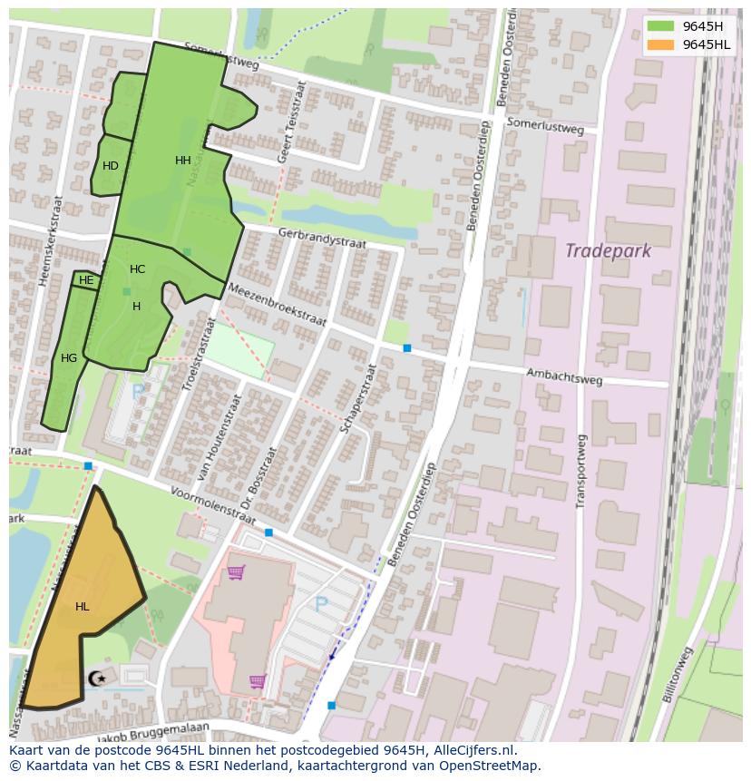 Afbeelding van het postcodegebied 9645 HL op de kaart.