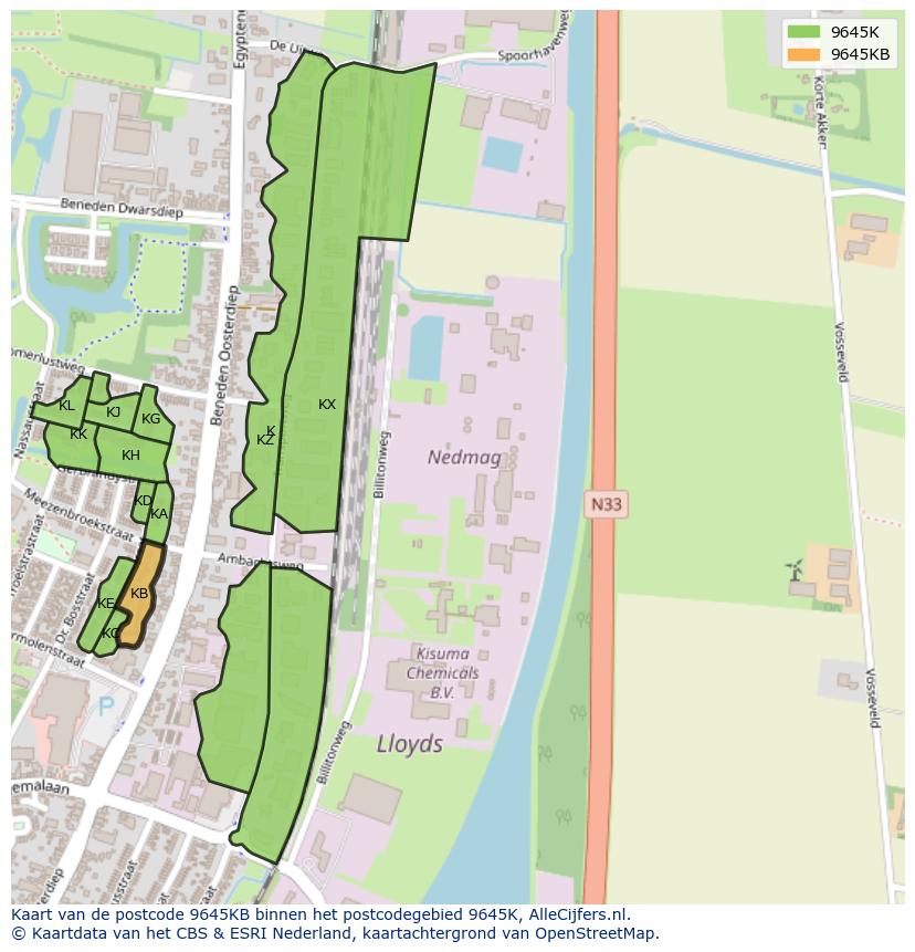 Afbeelding van het postcodegebied 9645 KB op de kaart.