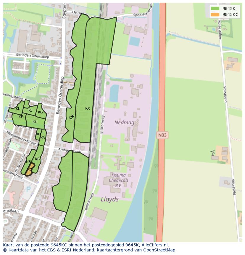 Afbeelding van het postcodegebied 9645 KC op de kaart.