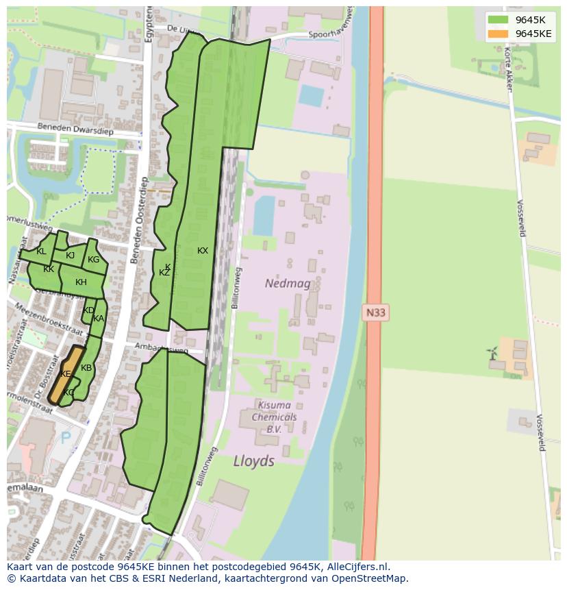 Afbeelding van het postcodegebied 9645 KE op de kaart.