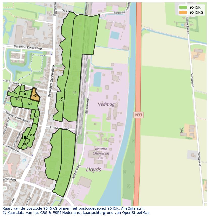 Afbeelding van het postcodegebied 9645 KG op de kaart.