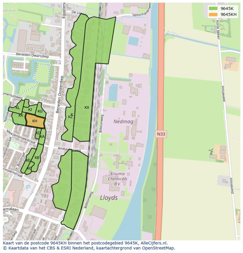 Afbeelding van het postcodegebied 9645 KH op de kaart.
