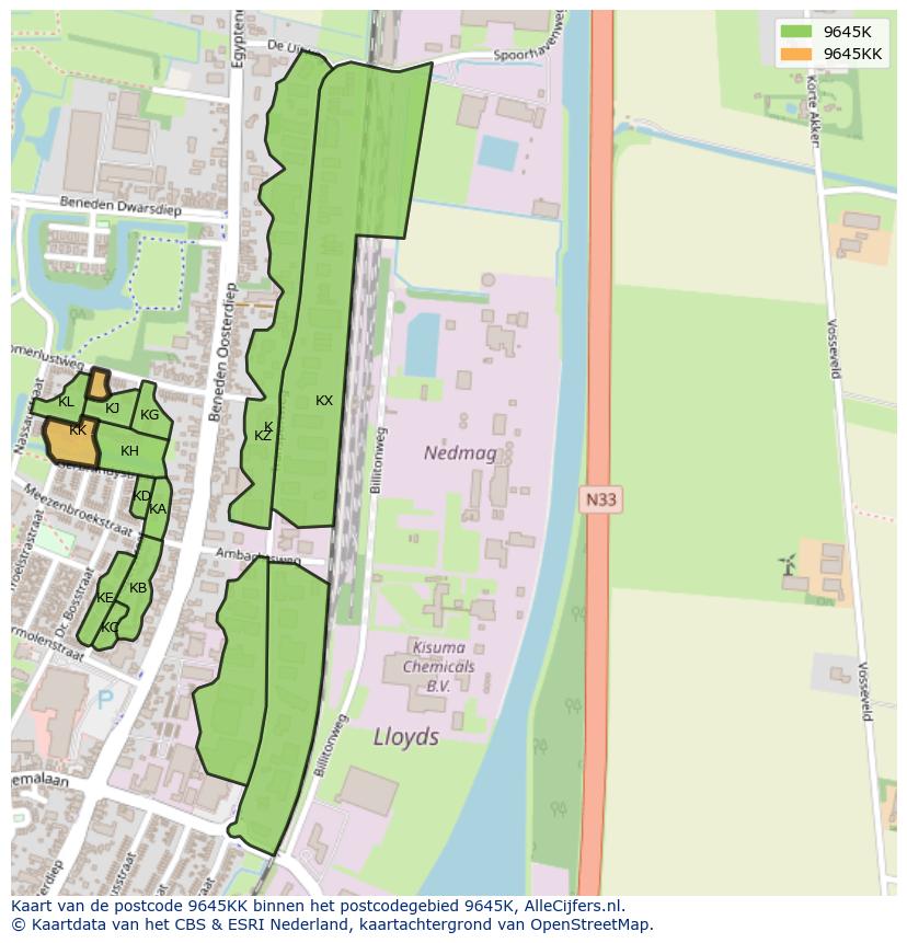 Afbeelding van het postcodegebied 9645 KK op de kaart.