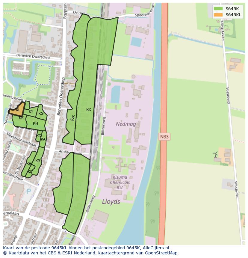 Afbeelding van het postcodegebied 9645 KL op de kaart.