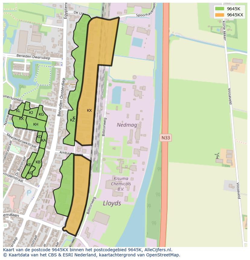 Afbeelding van het postcodegebied 9645 KX op de kaart.