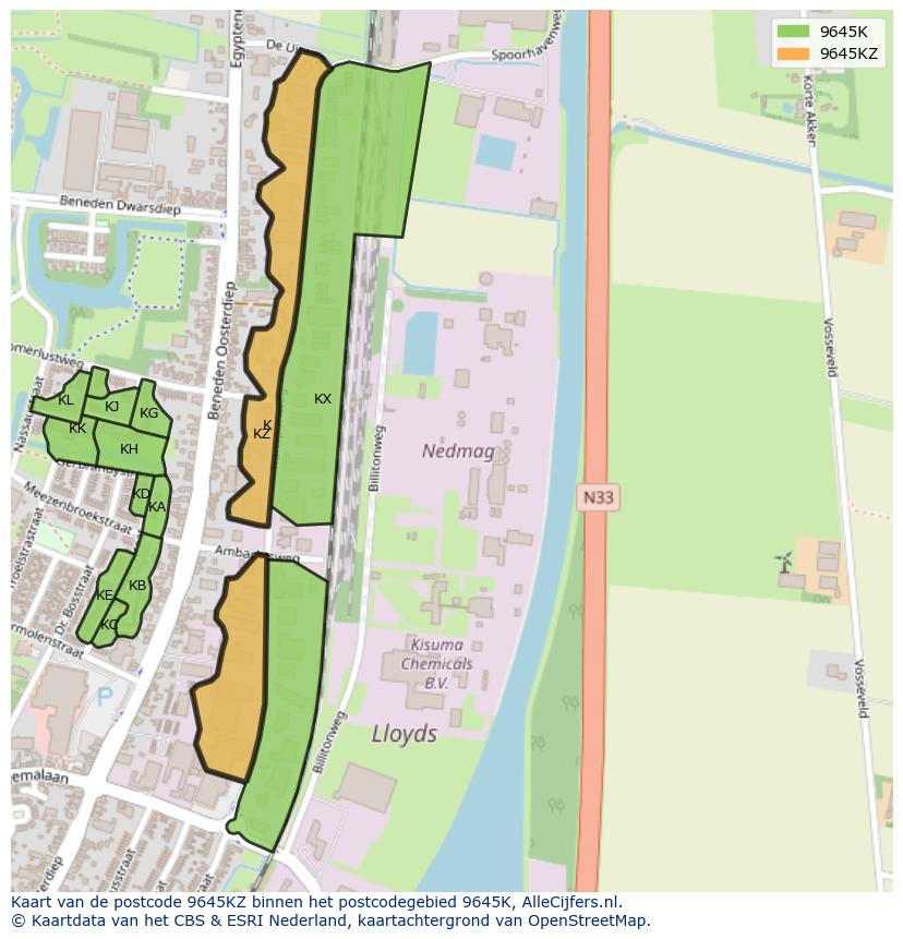 Afbeelding van het postcodegebied 9645 KZ op de kaart.
