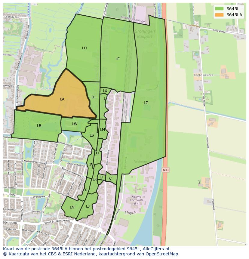 Afbeelding van het postcodegebied 9645 LA op de kaart.