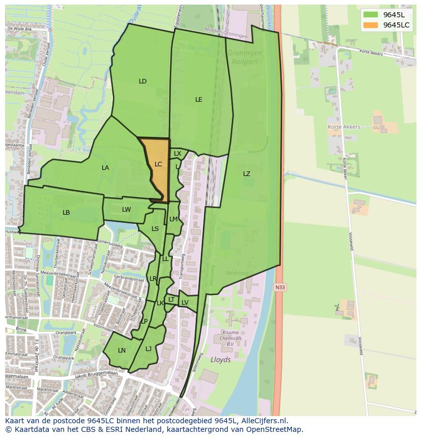 Afbeelding van het postcodegebied 9645 LC op de kaart.