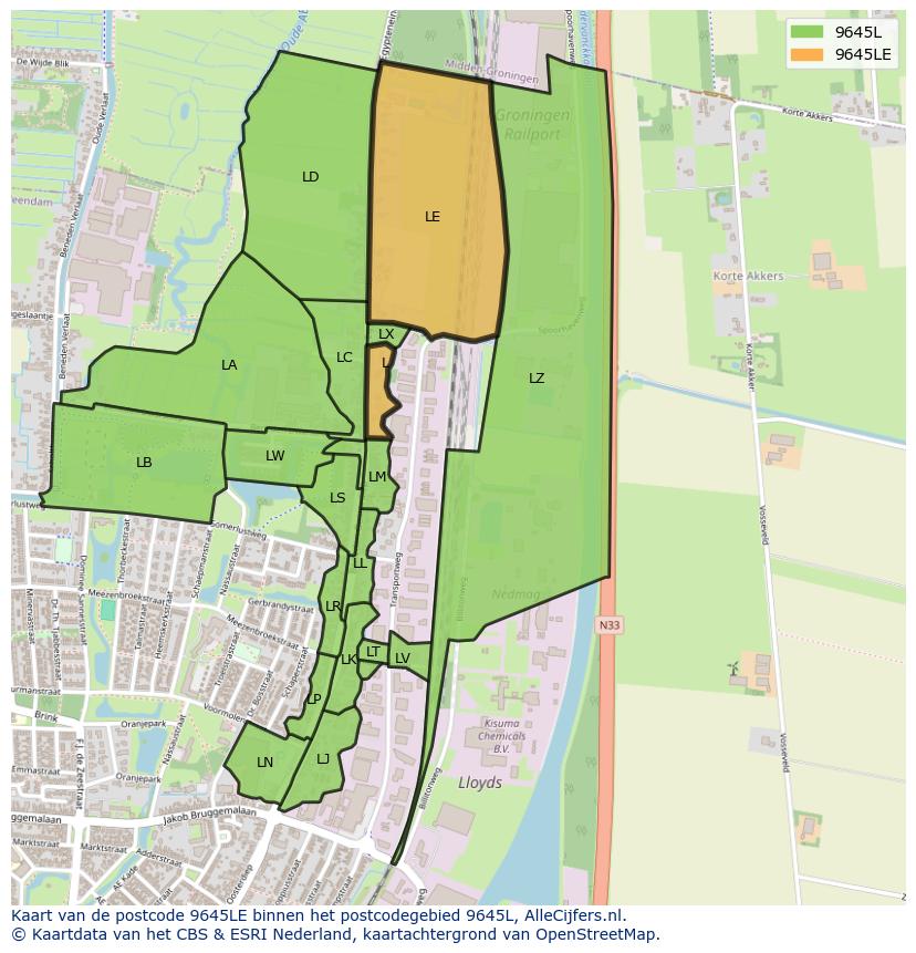 Afbeelding van het postcodegebied 9645 LE op de kaart.