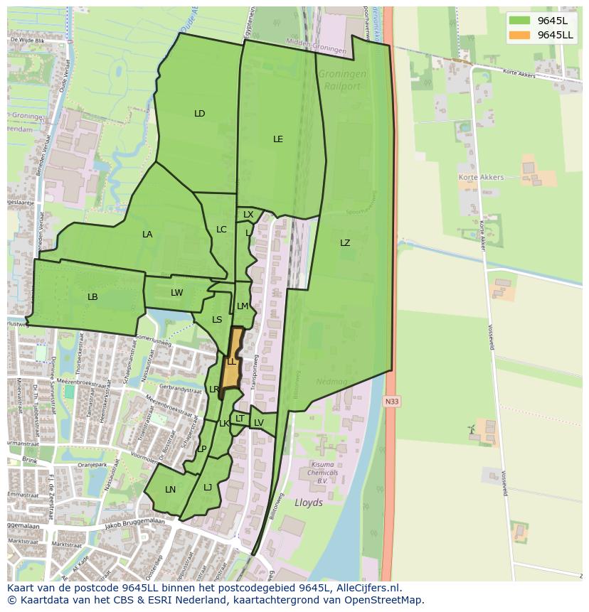 Afbeelding van het postcodegebied 9645 LL op de kaart.