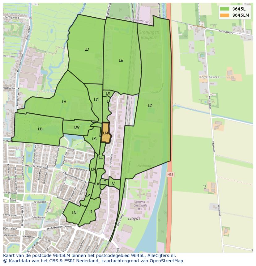 Afbeelding van het postcodegebied 9645 LM op de kaart.