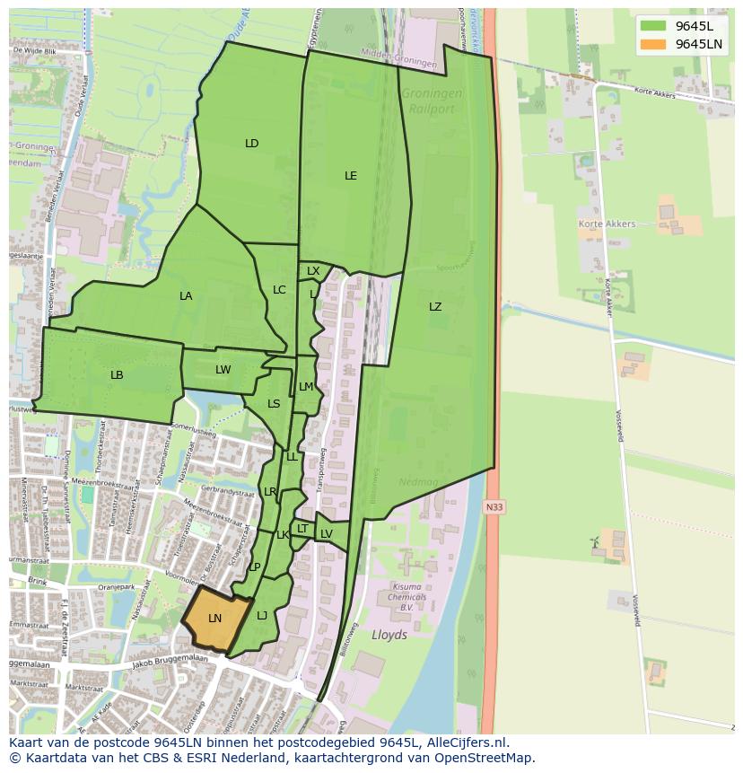 Afbeelding van het postcodegebied 9645 LN op de kaart.