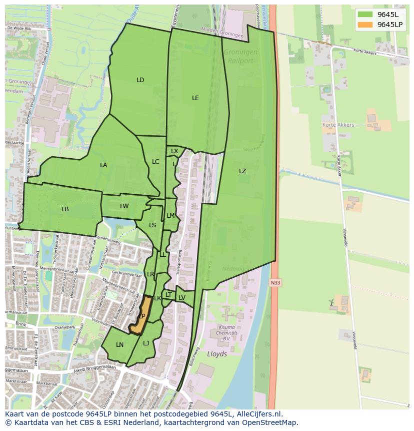 Afbeelding van het postcodegebied 9645 LP op de kaart.