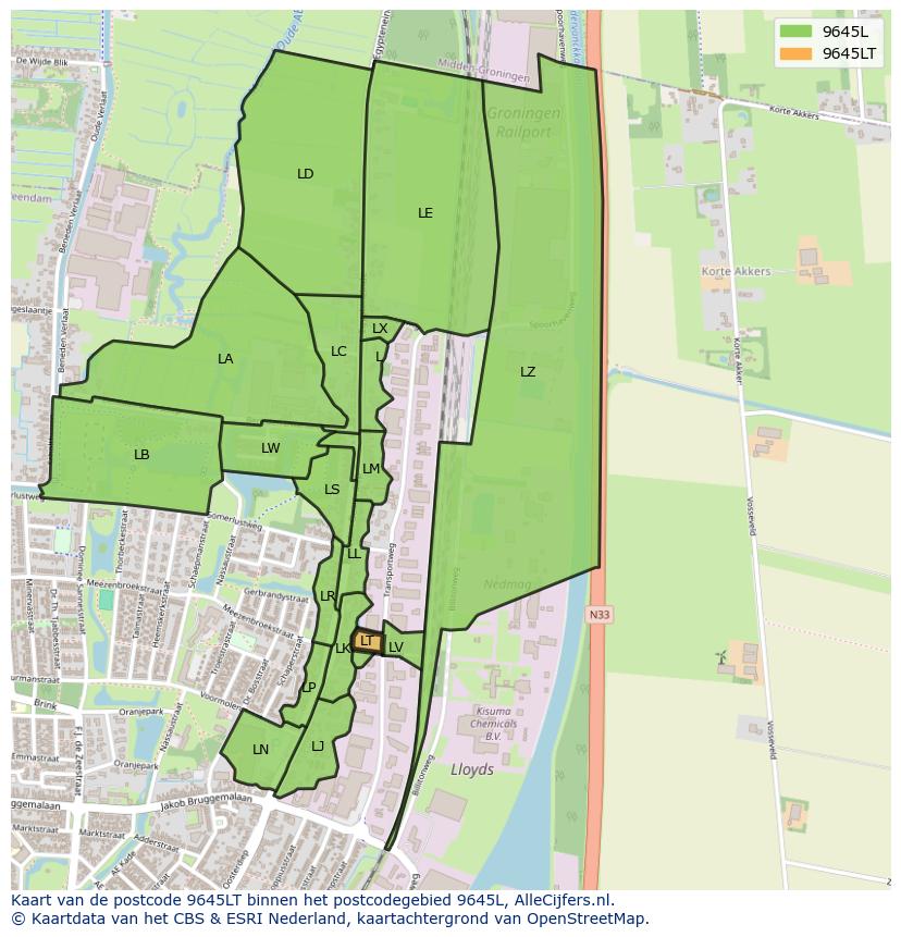 Afbeelding van het postcodegebied 9645 LT op de kaart.