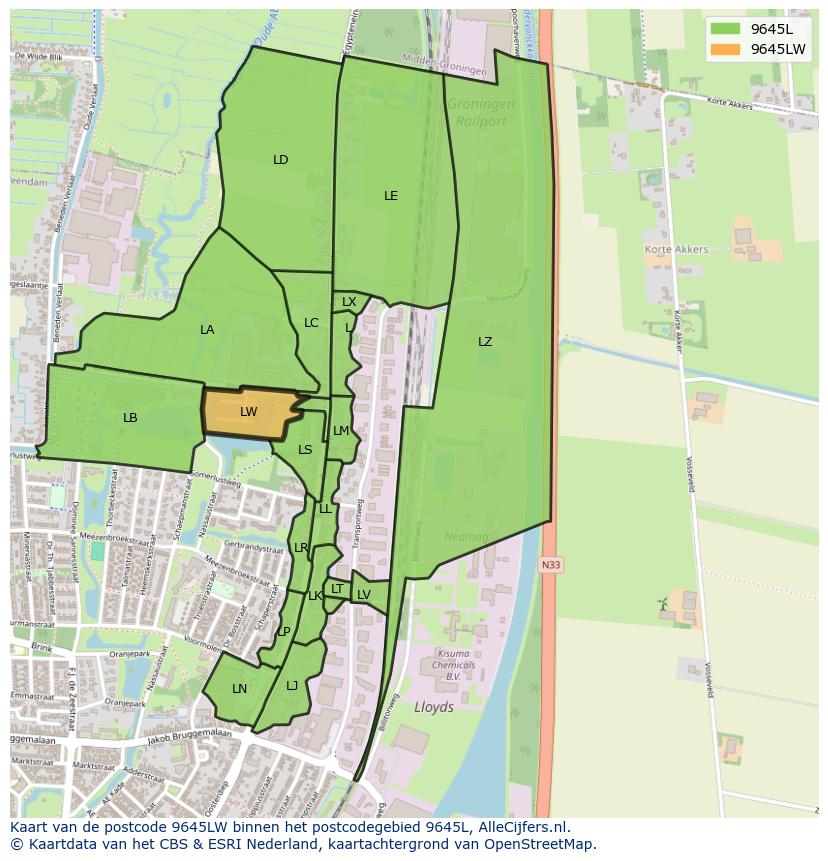 Afbeelding van het postcodegebied 9645 LW op de kaart.