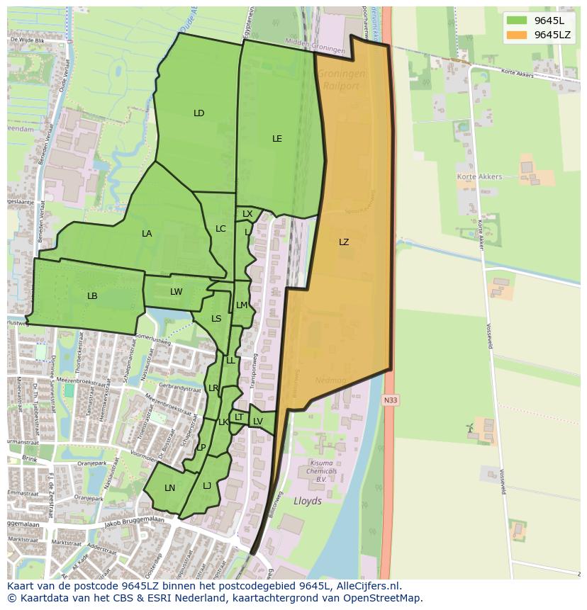 Afbeelding van het postcodegebied 9645 LZ op de kaart.
