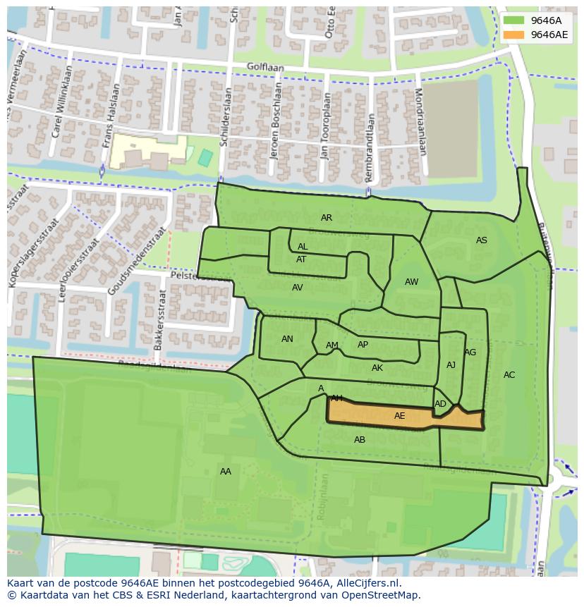 Afbeelding van het postcodegebied 9646 AE op de kaart.