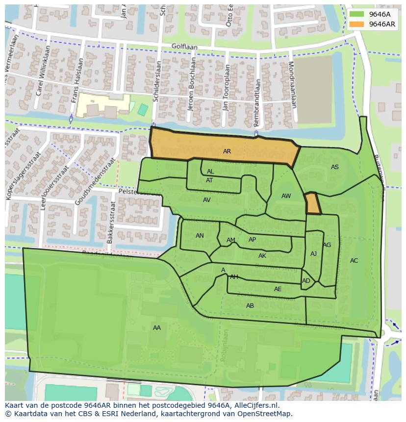 Afbeelding van het postcodegebied 9646 AR op de kaart.