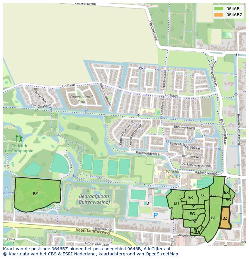 Afbeelding van het postcodegebied 9646 BZ op de kaart.