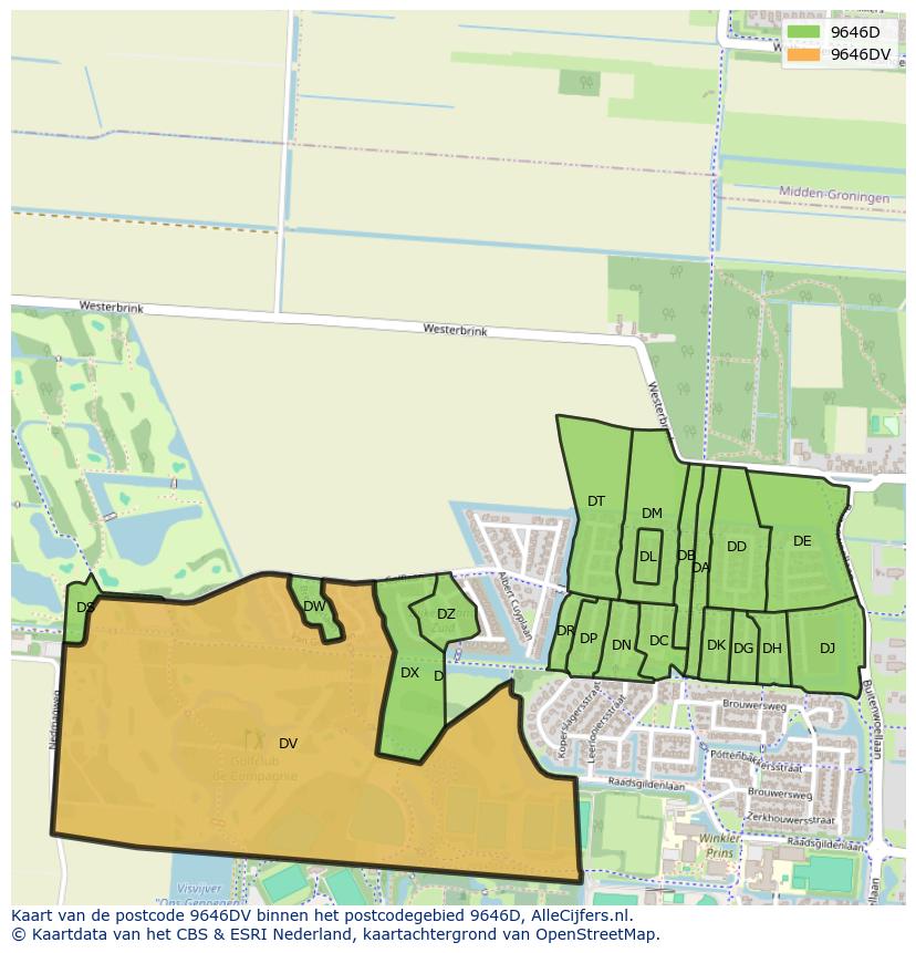 Afbeelding van het postcodegebied 9646 DV op de kaart.