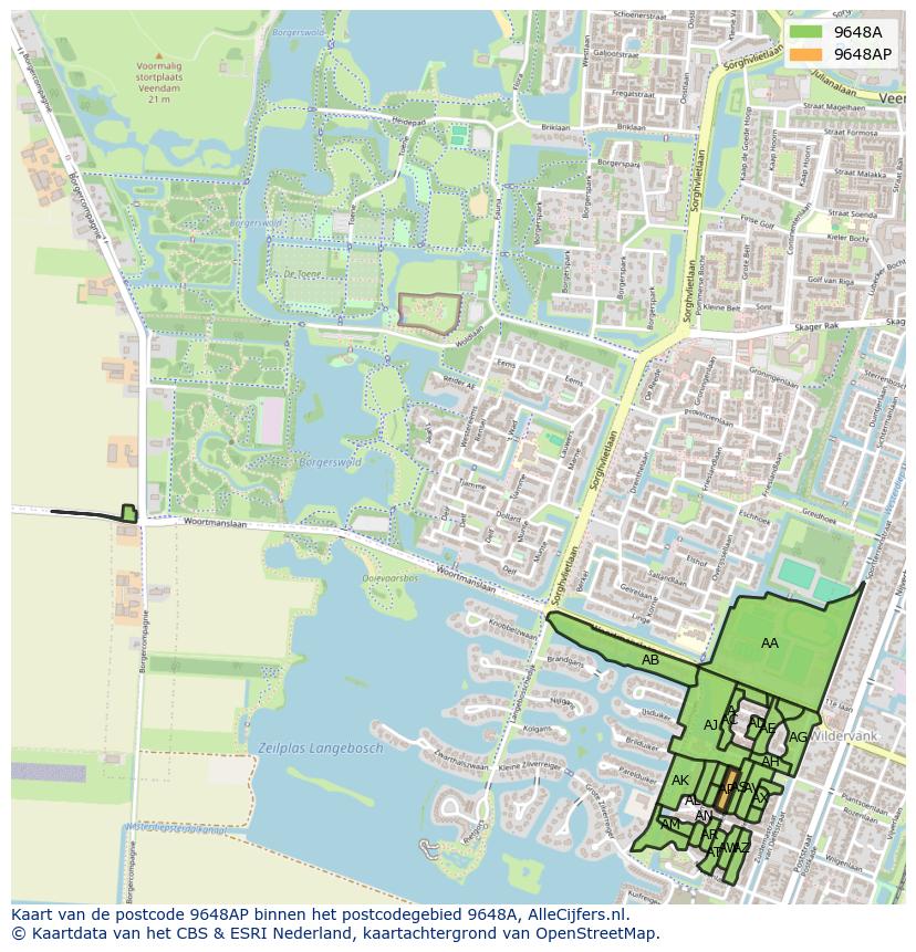 Afbeelding van het postcodegebied 9648 AP op de kaart.