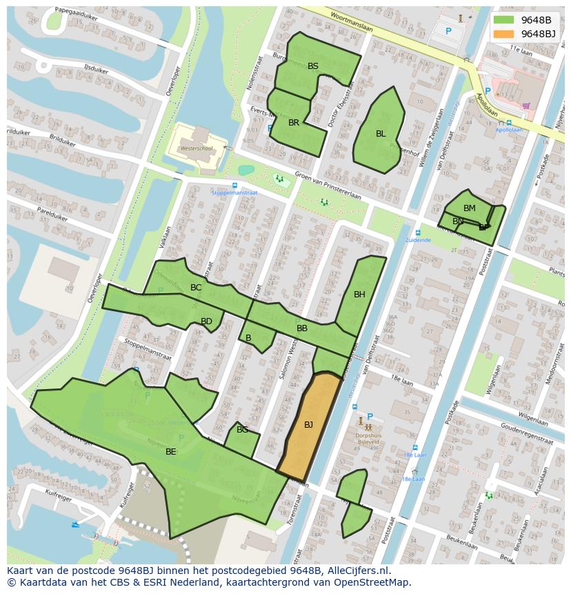 Afbeelding van het postcodegebied 9648 BJ op de kaart.