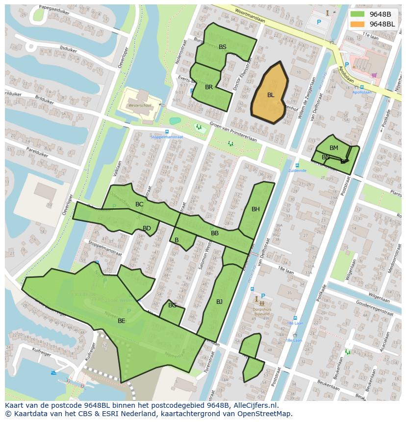 Afbeelding van het postcodegebied 9648 BL op de kaart.