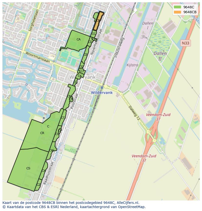 Afbeelding van het postcodegebied 9648 CB op de kaart.