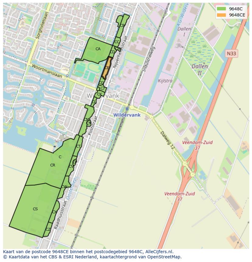 Afbeelding van het postcodegebied 9648 CE op de kaart.