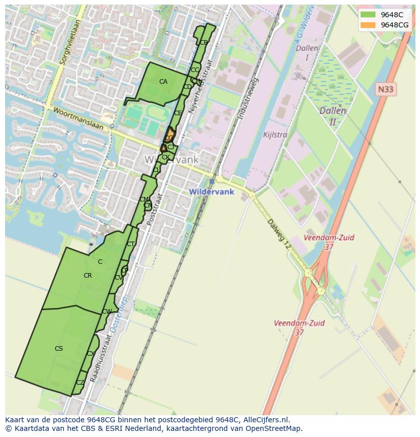 Afbeelding van het postcodegebied 9648 CG op de kaart.