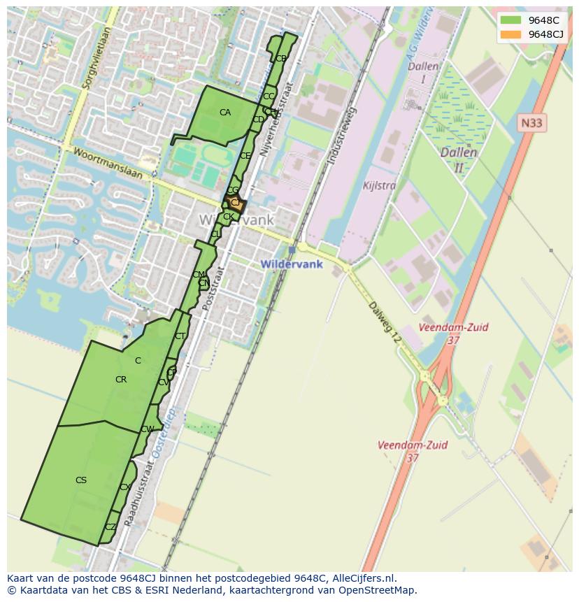 Afbeelding van het postcodegebied 9648 CJ op de kaart.